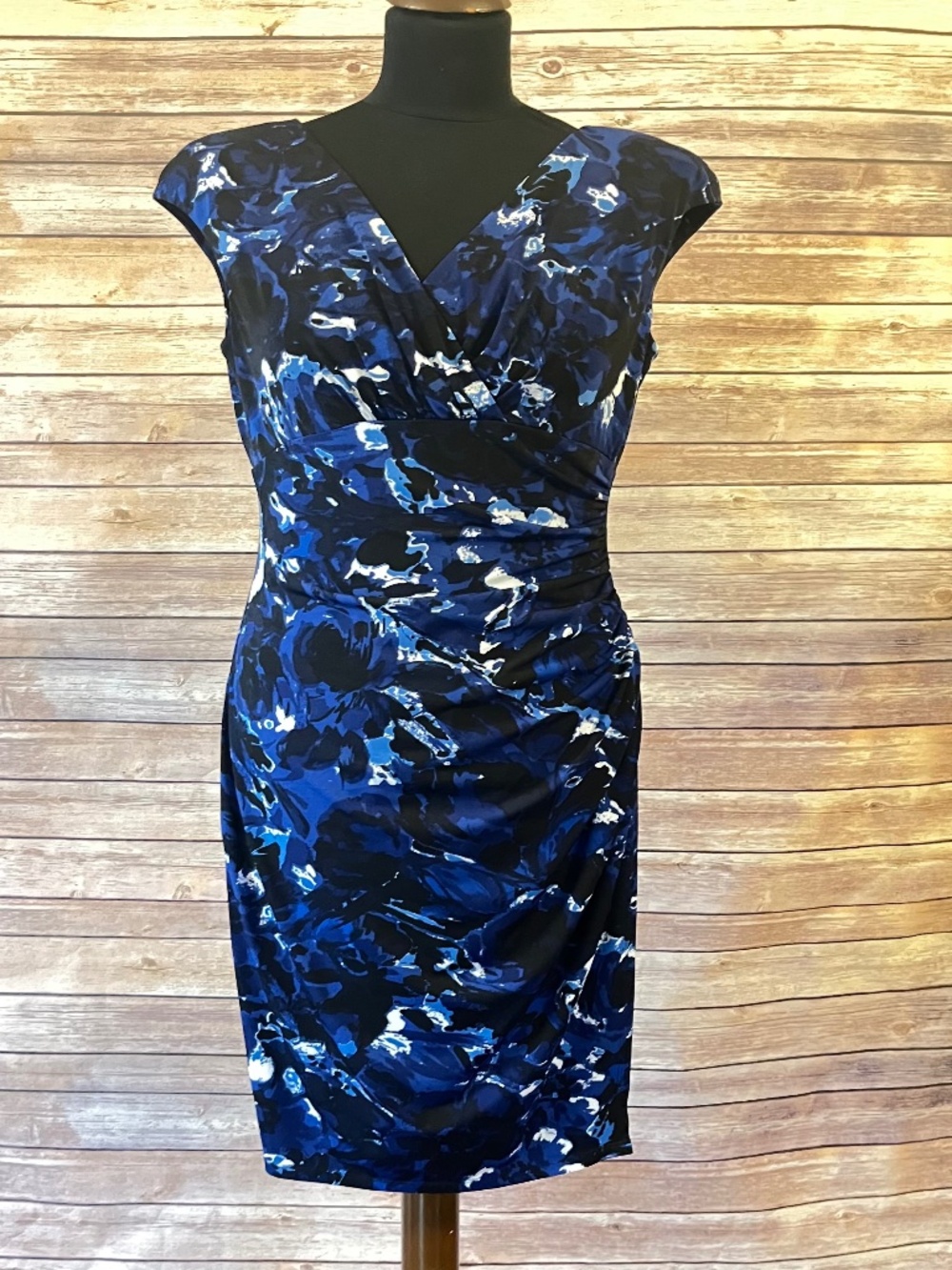Lauren Ralph Lauren Blue Floral Ruched Jersey Faux Wrap Dress 6
